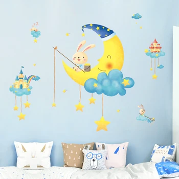 

Cartoon Fishing Rabbit Wall Stickers for Kids room Bedroom Nursery Wall Decor Eco-friendly Vinyl Moon Wall Decal Home Decoration