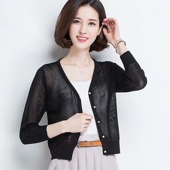 

summer cardigan thin knit crop top women short fashion hollow sunproof outerwear three quarter sleeves air-conditioned jacket