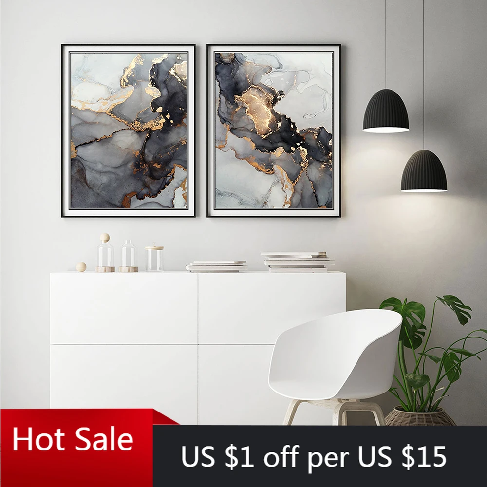 Large Black and Gold Marble Wall Decor on Canvas,Set of 2 Large Gold Giclee Gray Gold Abstract Canvas Print Modern Large Marble Artwork