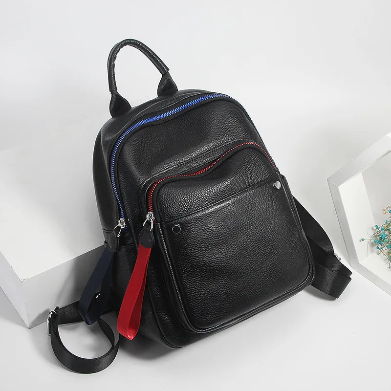 

2019 Contrast color Backpack Women Korean Style Genuine Leather Shoulder Bag For Teenage Girls Multi-Function Bagpack Female