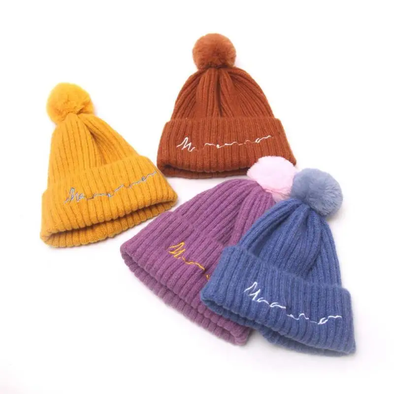Осенне-зимняя однотонная теплая шапка с помпоном простая детская вязаная шапка
