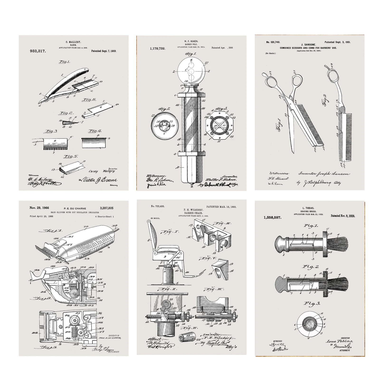 6 в 1 винтажные запатентованные плакаты Художественная печать парикмахерское кресло полюс ножницы бритва машинка для стрижки волос щетка без рамы - Цвет: grey