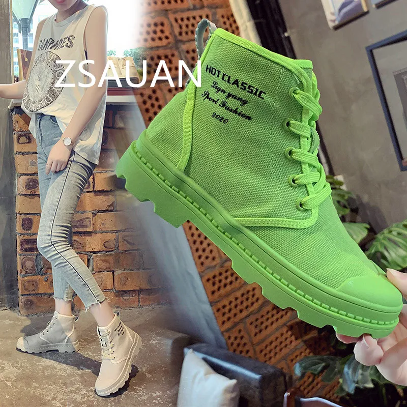 

ZSAUAN 2019 Women Combat Boots Girl Canvas Shoes Lace-Up Student High-top Platform Ankle Boots Round Toe Military Casual Shoes