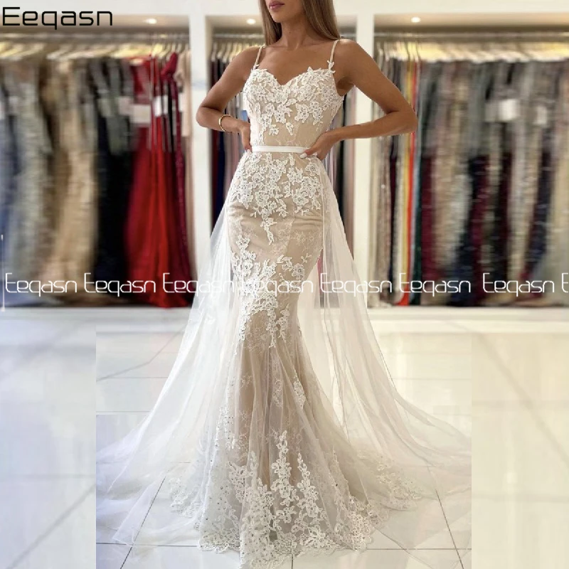 2021 Champagne Mermaid Prom Dresses Plus Size Lace V Neck Evening Gowns Attachable Overskirt Sexy Formal Gown robe de soiree plus size prom dresses