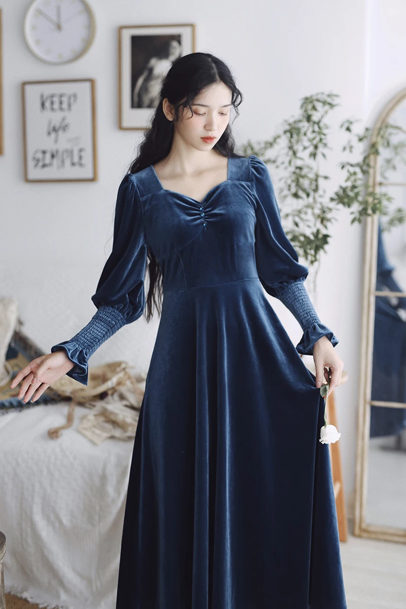 Дизайн, французский стиль, винтажное бархатное плиссированное платье с длинным рукавом, средней длины, голубое длинное платье павлина