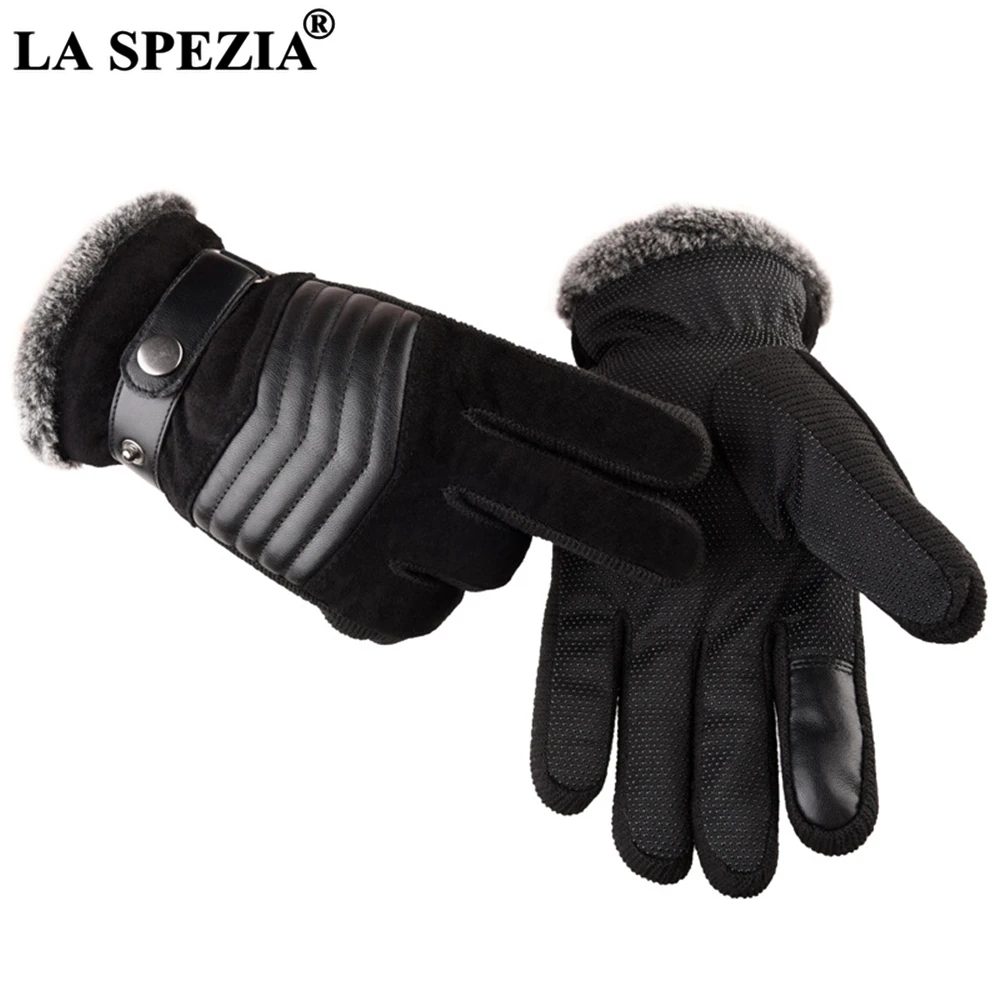 LA SPEZIA Brown Mens Leather Gloves Real Pigskin Russia Winter Gloves Warm Thick Driving Skiing Men's Guantes Luvas