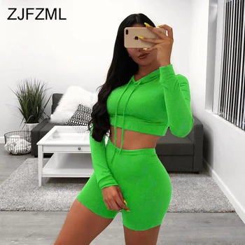 

Sexy Fitness Two Piece Set Women's Tracksuit Hooded Full Sleeve Bandage Crop Top + Bodycon Shorts Causal Neon 2 Pieces Outfit