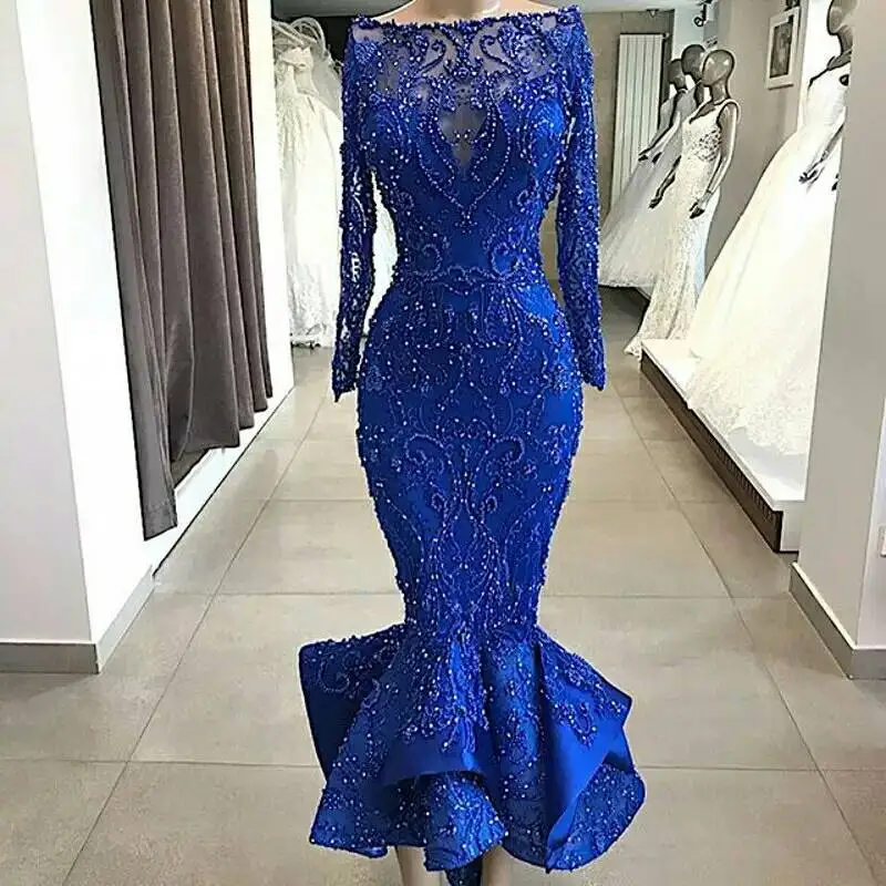 Шикарное вечернее женское платье Русалка вечернее платье из бисера vestido de festa longo Плиссированное официальное вечернее платье Королевский синий халат de soiree