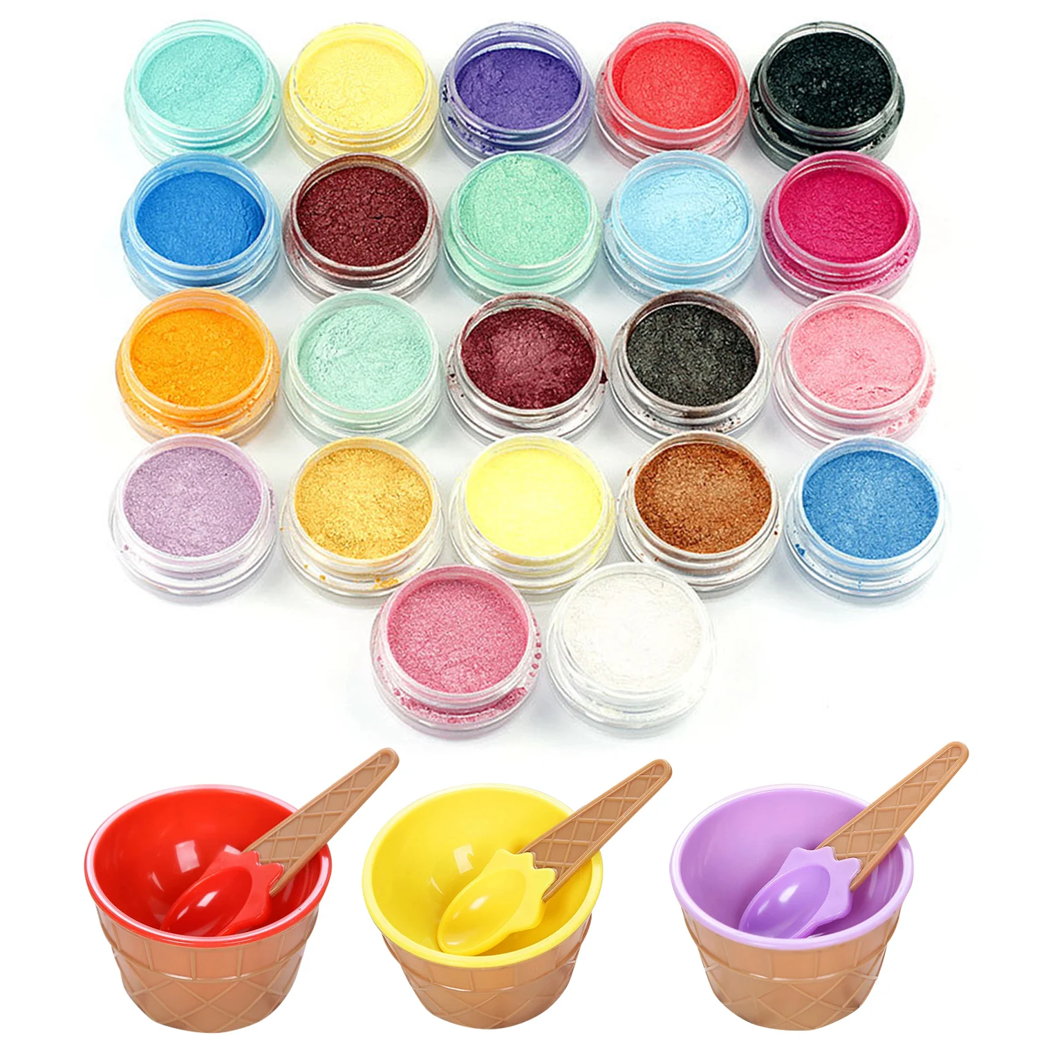 

22pcs Mica Powder Colorful Glitter Mica Pigment Powder with 3 Bowl 3 Spoon Stick for DIY Soap Colorant Lipstick Eyeshadow Makeup