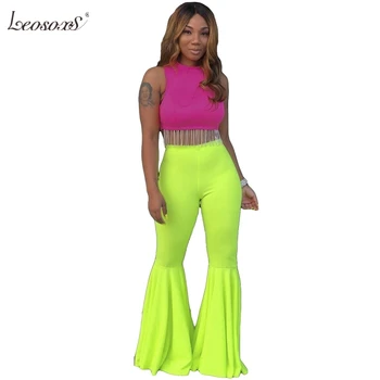 

2020 Neon Green Women Two Piece Set Top And Pants Suit Elegant Tassel Crop Top Flare Pants Set Club 2 Piece Matching Summer Sets