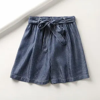 

FICUSRONG 2020 New Summer Stripe Straight Elastic Waist Jeans Shorts Women Loose Casual Cotton Tencel Softener Belt Denim Pants