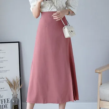 

shintimes 2020 Chiffon Solid Skirts Women Elegant High Waist A-Line Summer Women Split Office Skirts Faldas Saia Black Green Red