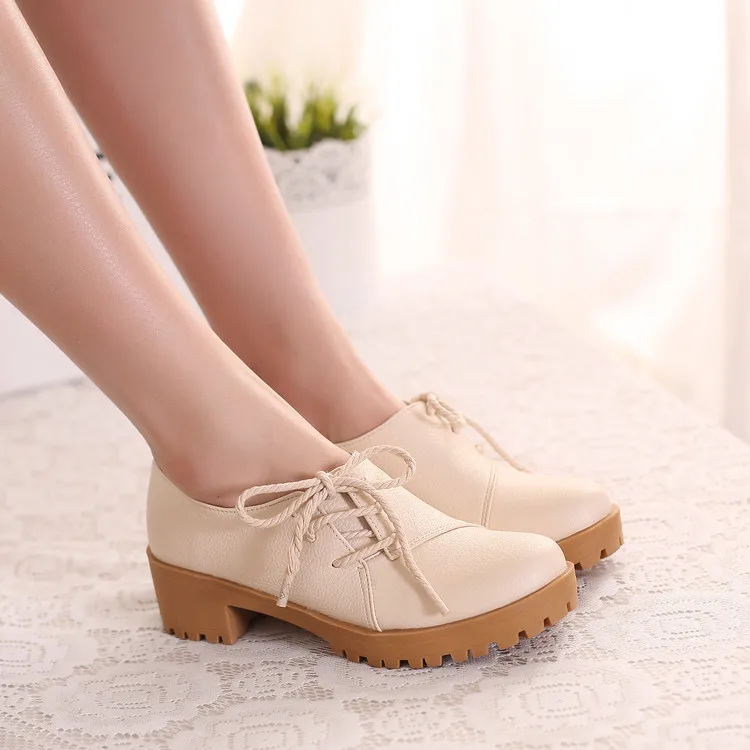 Beige US4-11; женские броги с круглым носком на платформе; Туфли-оксфорды с бантиком на массивном высоком каблуке; 3 цвета; милые туфли mary janes; большие размеры - Color: Beige