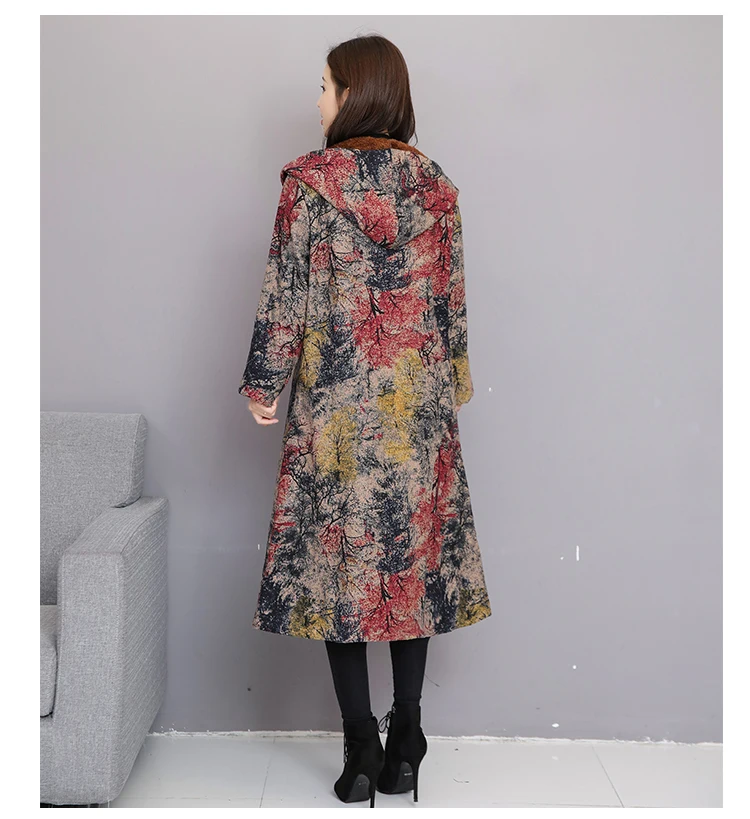Осень и зима стиль большой размер платье Национальный Ветер печатных хлопок лен матовый и толстая шляпа лягушки пальто для женщин