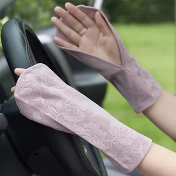 

Summer lace leak finger sunscreen gloves female short section riding driving outdoor UV protection ice silk cotton long sleeve