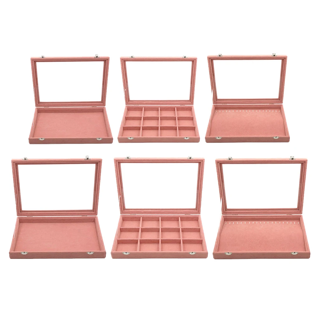 Jewelry Tray, Velvet Case Organizer with Glass Lid for Ring, Stud, Necklace, Bracelet, etc