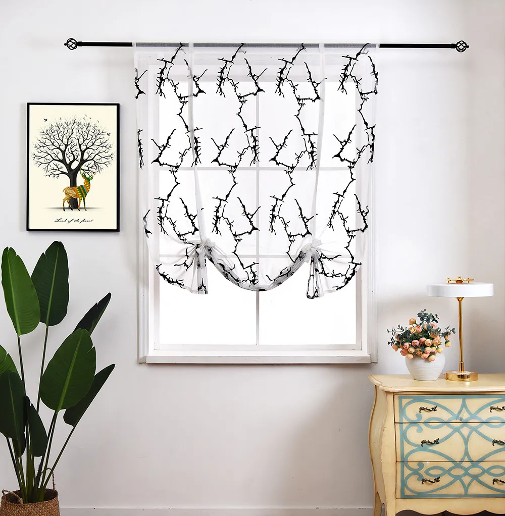 Branches Embroidery Roman Short Curtains for Living Room Window Screens Tulle Rod Style White Black Voile Curtain Kitchen | Дом и сад