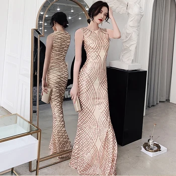 

Champagne Bling Sequins Evening Dress Sexy Slim Women Prom Gown Fishtail Evening Party Gown Half Sleeve Noble Robe De Soiree