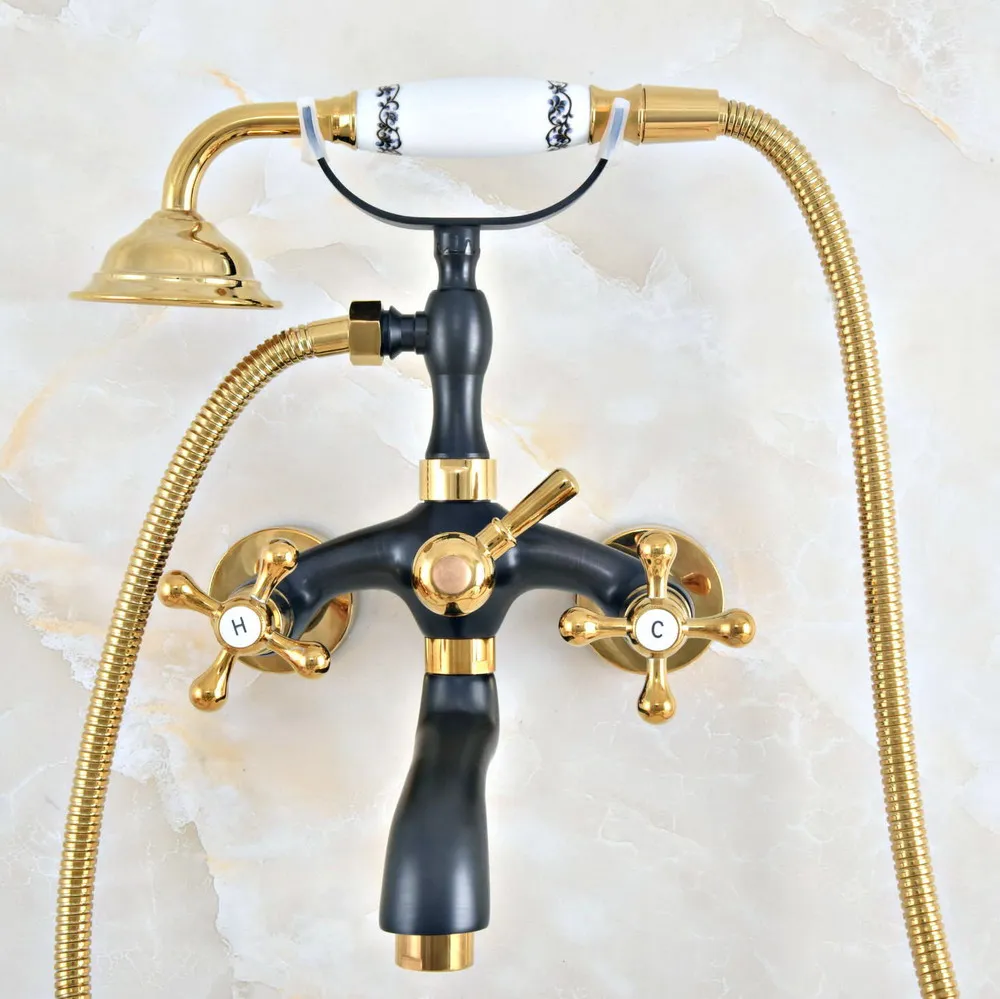 

Black Gold Color Brass Wall Mount Bathroom Tub Faucet Dual Cross Handles Telephone Style Hand Shower Clawfoot Tub Filler ana407