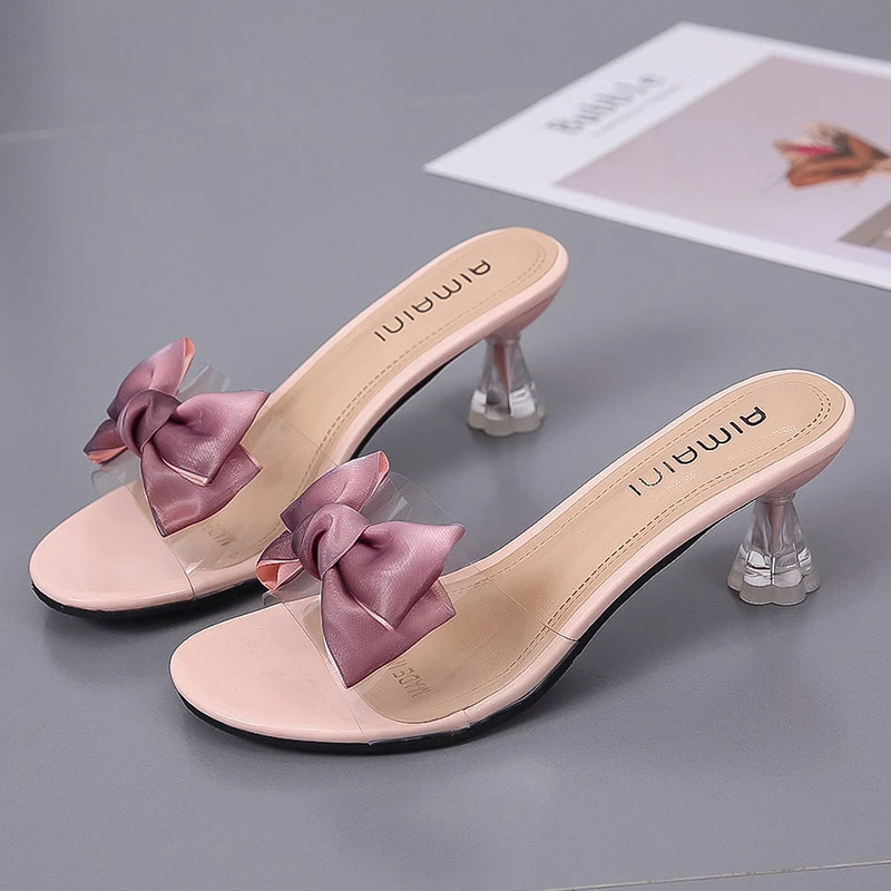 

INS 2020 PVC Bowknot Sandals Open Toe High Heels Women Transparent Perspex Slippers Shoes Heel Clear Sandals Spike Heels Ladies