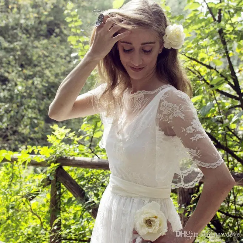 Fashion Wedding Dresses Jewel Half Sleeves Lace Appliques Bohemia Garden Bridal Gowns Boho A Line Beach Wedding Dress Customized - 4