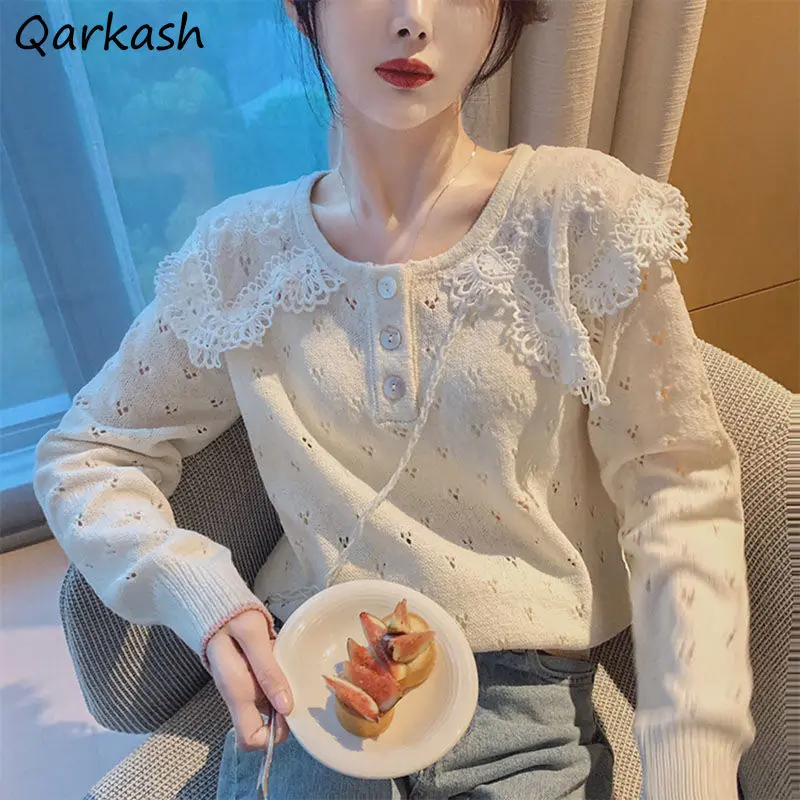 

Pullovers Women Fashionable O-Neck Spring Sweet Trendy Lace Patchwork Sweater Knitting Simple Korean Style Beige New Hollow Out