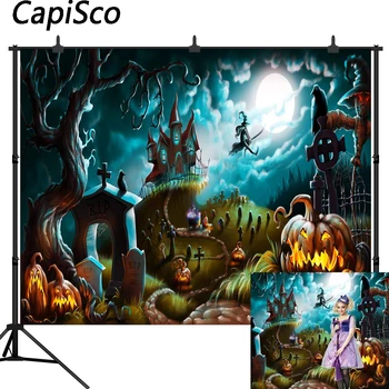 

Capisco photo background Halloween Castle photography backdrop night witch crows pumpkin moon cemetery cartoon photostudio props