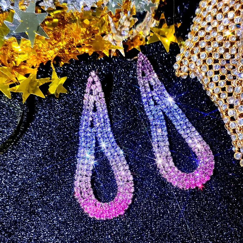 

Flatfoosie Luxury Gradient Crystal Drop Earrings For Women Oval Shining Rhinestone Hanging Earring Evening Party Fashion Jewelry