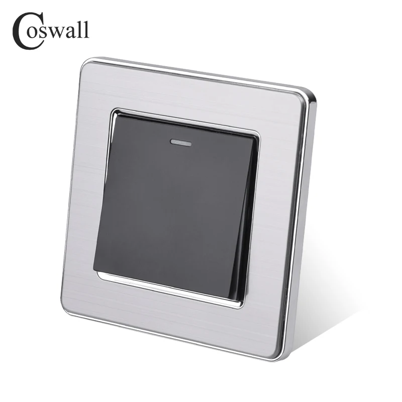 COSWALL Wall Rocker Light Switch 1 Gang 2 Way, on off wall stair pass through switch switched 16A stainless steel panel