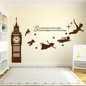 

Big Ben Clock Peter Pan Wall Decal Quotes Second Star To The Right Vinyl Wall Decal for Nursery Kids Room Decoration Poster Z785
