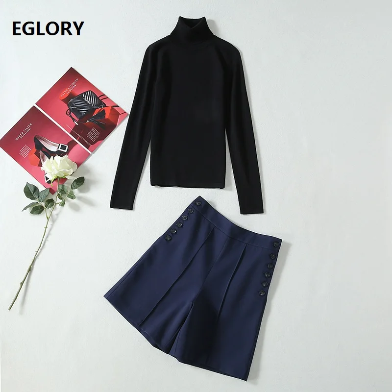

New 2020 Autumn Winter Hot Selling Sweater Sets Women Turtleneck Black Pullovers+Buttons Up High Waist Short Sets 2 Piece Suit