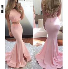 

MYYBLE Mermaid Evening Dresses 2020 O-neck Sleeveless Backless Sweep Train Satin and Lace 2020 Sexy Prom Dress Long Vestidos