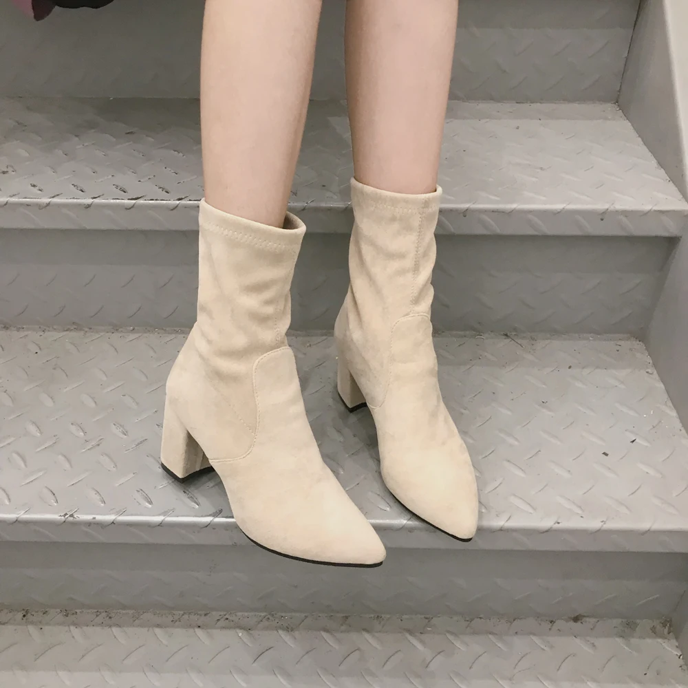 

Black Apricot Suede Boots Thick High Heel Ankle Boots for Women 2019 Pointed Toe Winter Keep Warm Elegant Short Booties Ladies