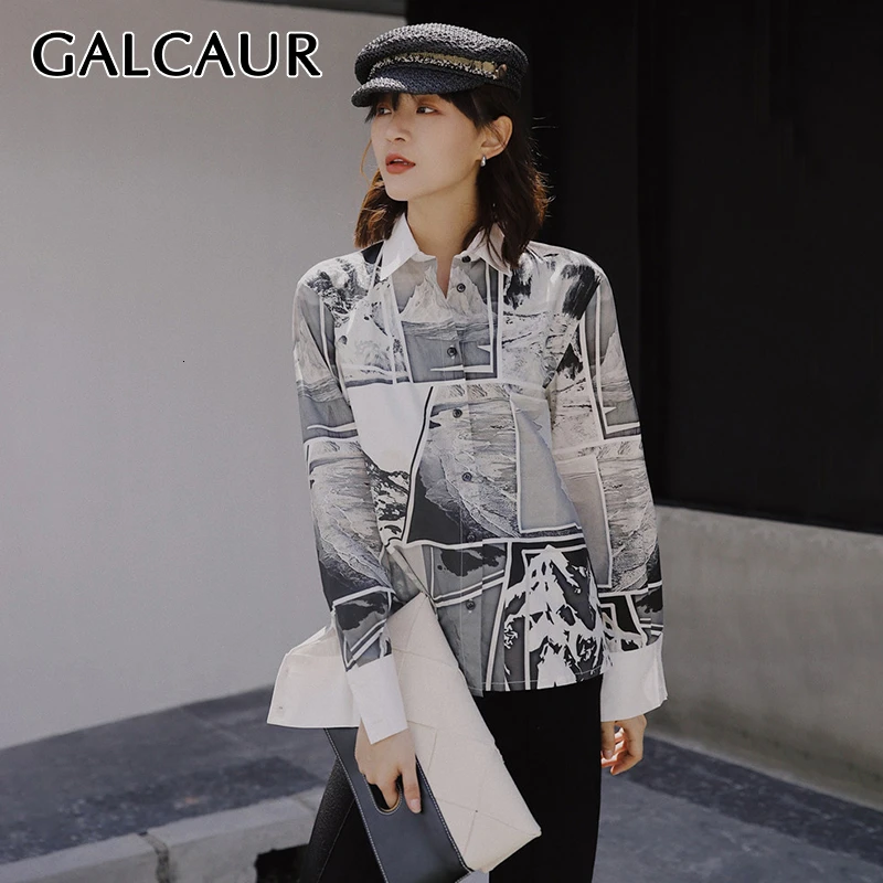

GALCAUR Casual Print Shirt For Women Lapel Collar Long Sleeve Hit Color Elegant Autumn Female Blouses Fashion 2019 Clothing Tide
