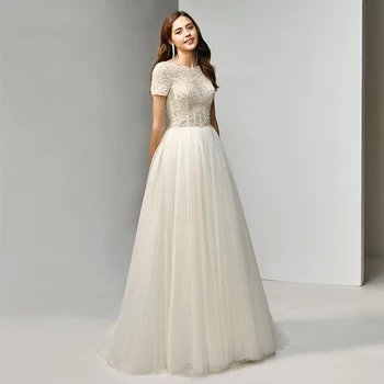 

Elegant O Neck Short Sleeves Heavy Beaded A Line Sweep Train Tulle Wedding Gown 2020
