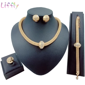 

Nigeria Jewelry Sets for Women Round Pendant Long Necklace Crystal Bracelet Ring Earrings for Women Wedding Jewelry Set