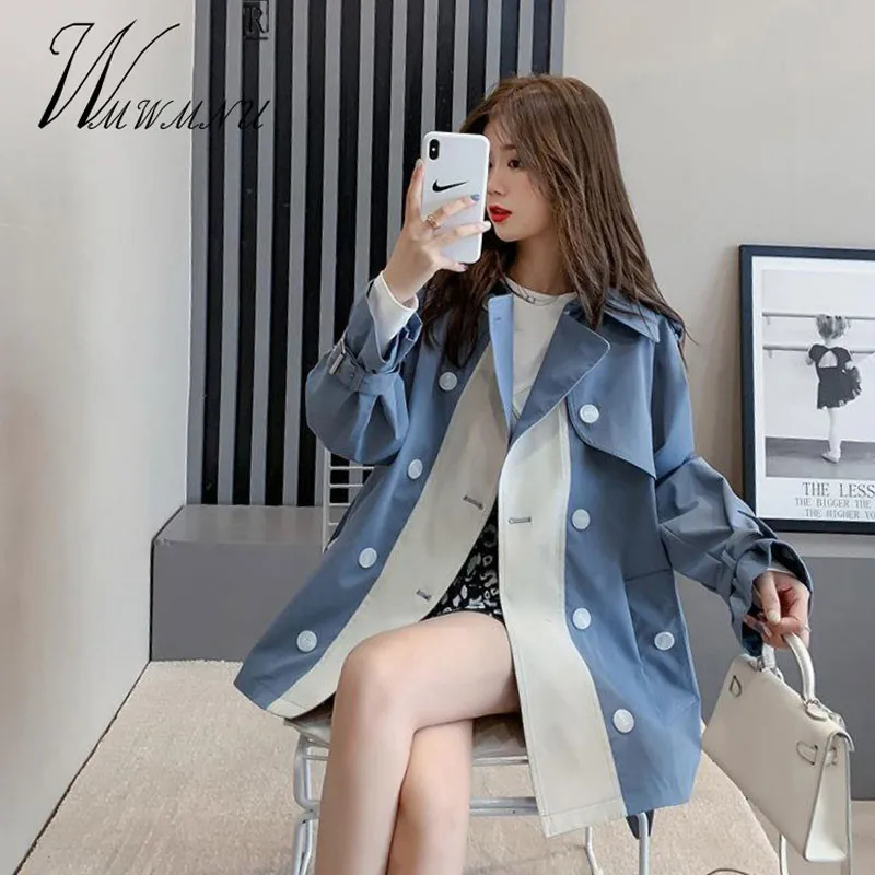 

Korean Patchwork Design Trench Coat Women Fashion Contrasting Double Breasted Belt Windbreaker Spring Lapel Loose Short Overcoat