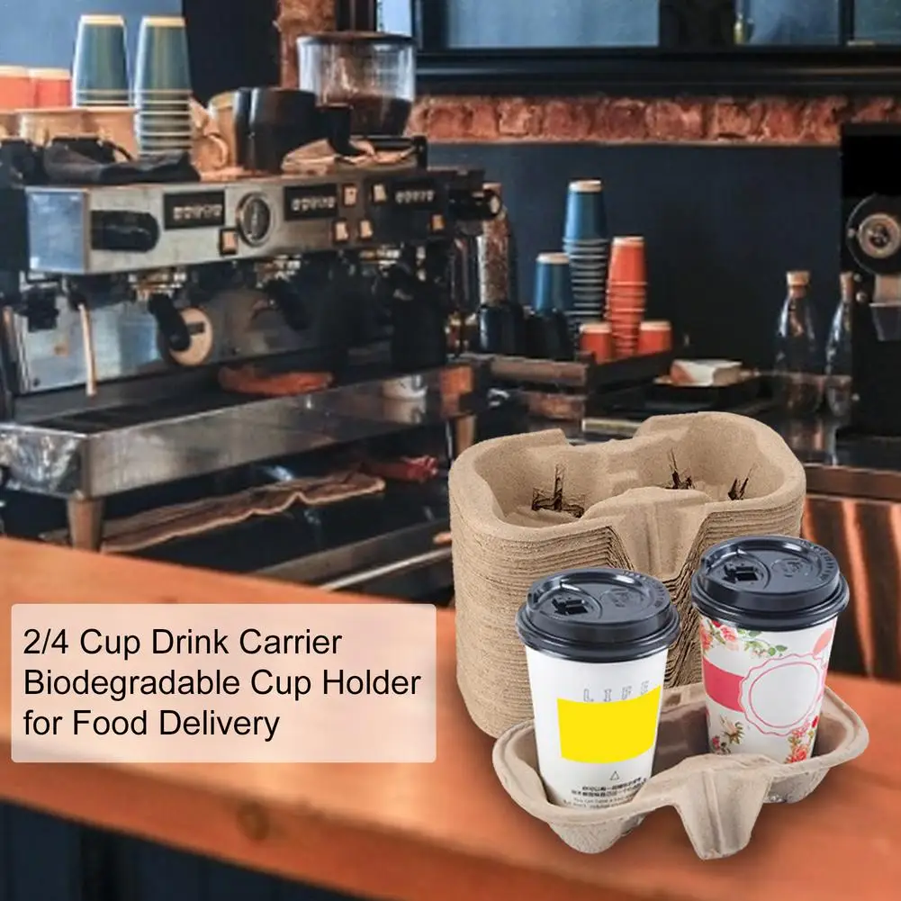 50PCS Disposable Pulp Cup Holder Coffee Milk Tea Drink Carrier Packed Tray Biodegradable Disposable Cup Holder Takeaway Shops