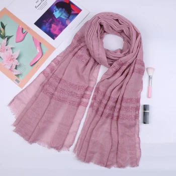 

Women cotton hijab scarf glitter stripe shimmer shawls muslim fringed scarf wraps fashion headband scarves