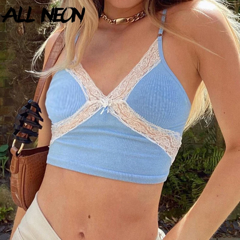 ALLNeon E-girl милые топы на бретельках с глубоким V-образным вырезом и кружевом Y2K