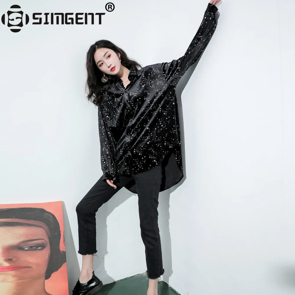 Simgent, новинка, модная, для ночного клуба, бойфренд, стильная, негабаритная, звездное небо, блузка, длинная, женская верхняя одежда, длинный рукав, черная, Hi-lo, SG910092