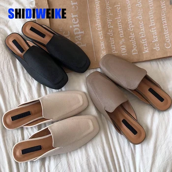 

2020 Women Mules Slipper High Quality Soft Leather Round Toe Slipper Slip On Outdoor Sandal Causal Flat Heel Slides AB133