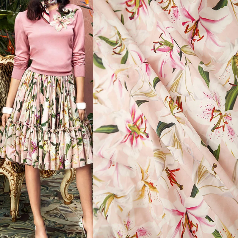 145cm Width Fashion Pink Lily Flower Printed Cotton Thin Chiffon Fabric For Woman Summer Dress Blouse DIY Cloth Sewing | Дом и сад
