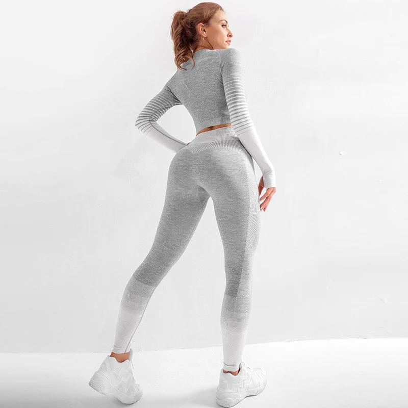 grey white suit 2 шт., бесшовная одежда для тренировок для женщин, комплект с длинным рукавом для йоги, укороченный топ, спортивный костюм, спортивная одежда для тренировок, тренажерного зала, фитнеса, одежда - Цвет: grey white suit
