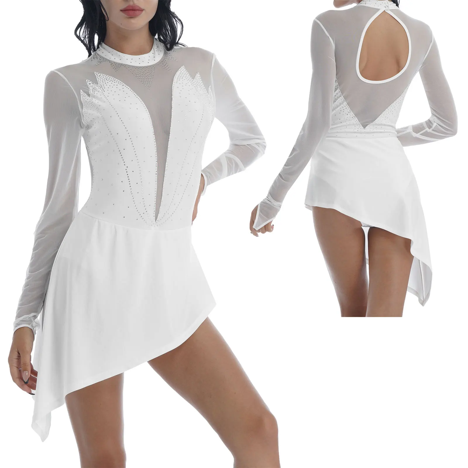 Vestido de patinaje artístico para mujer, vestido de ballet con escote halter y malla de diamantes de imitación, manga larga, vestido de baile, traje de gimnasia, vestidos de leotardo