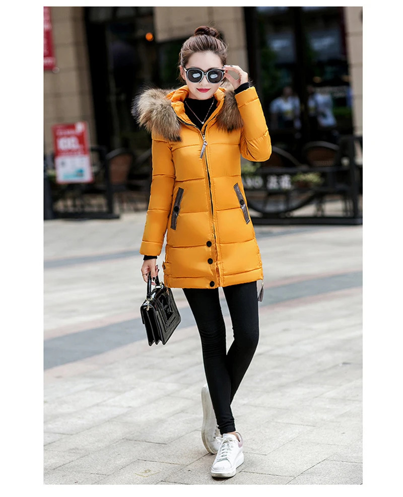 Зимняя куртка Женское пальто меховой воротник теплая зимняя парка женская с капюшоном размера плюс средней длины пуховик женская верхняя одежда пальто