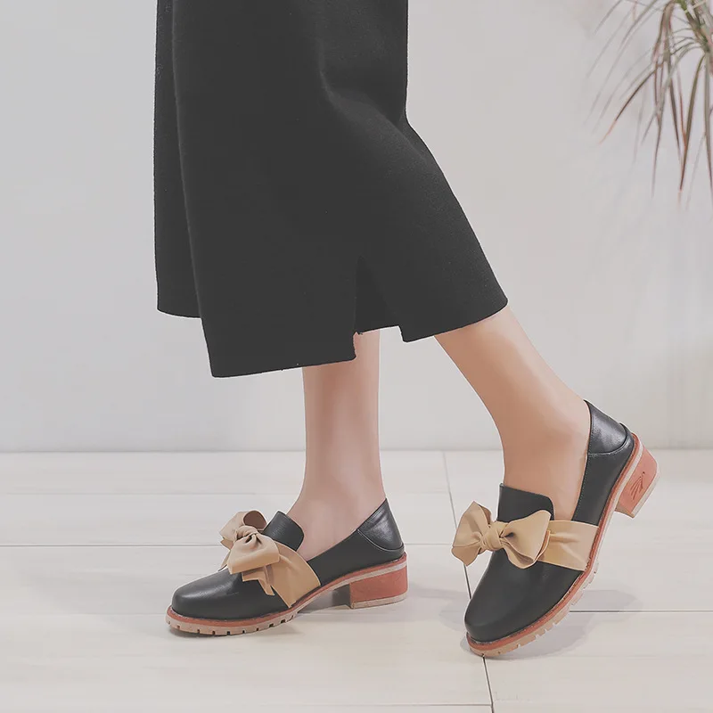 

Q-12 2019 Bow Leather Shoes Versatile Autumn Small New Style Solid Color-Style Chunky-Heel Low-Cut Double Purpose Shoes Shoes