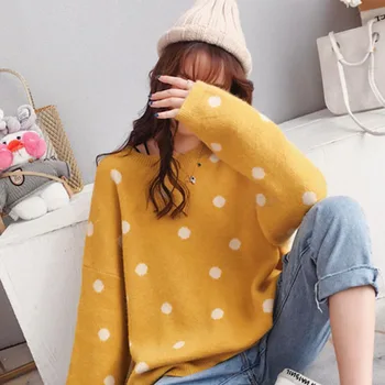 

Warm Yellow Pink Polka Dot Loose Sweater Women Pullovers Korean Fashion Fall Winter Sweet Ladies Knit Sweaters Jumper Pull Femme