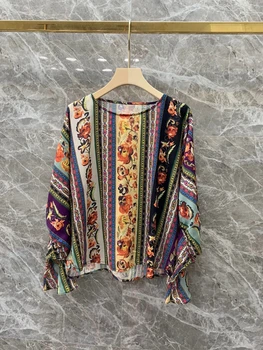 

2020 Spring and Summer New Women's round Neck Printing Pattern Color Matching Retro Long Sleeve All-Match Loose Shirt 623