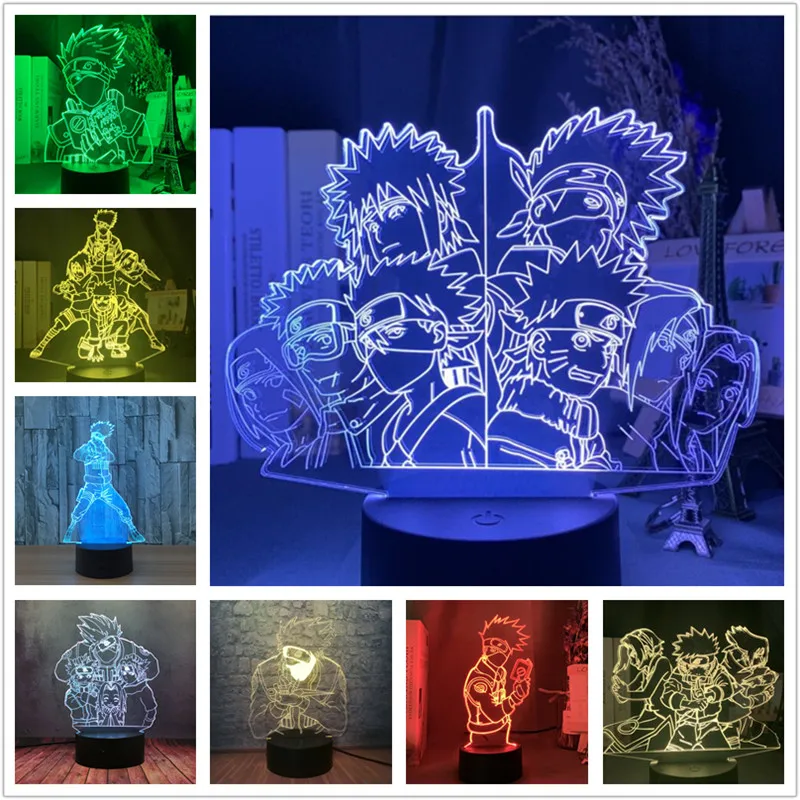 Naruto LED Night Light Kakashi Uzumaki Naruto Uchiha Sasuke Sakura Dainanahan 3D Lamp Lampara Shippuden Bedside Decor Kid Lights